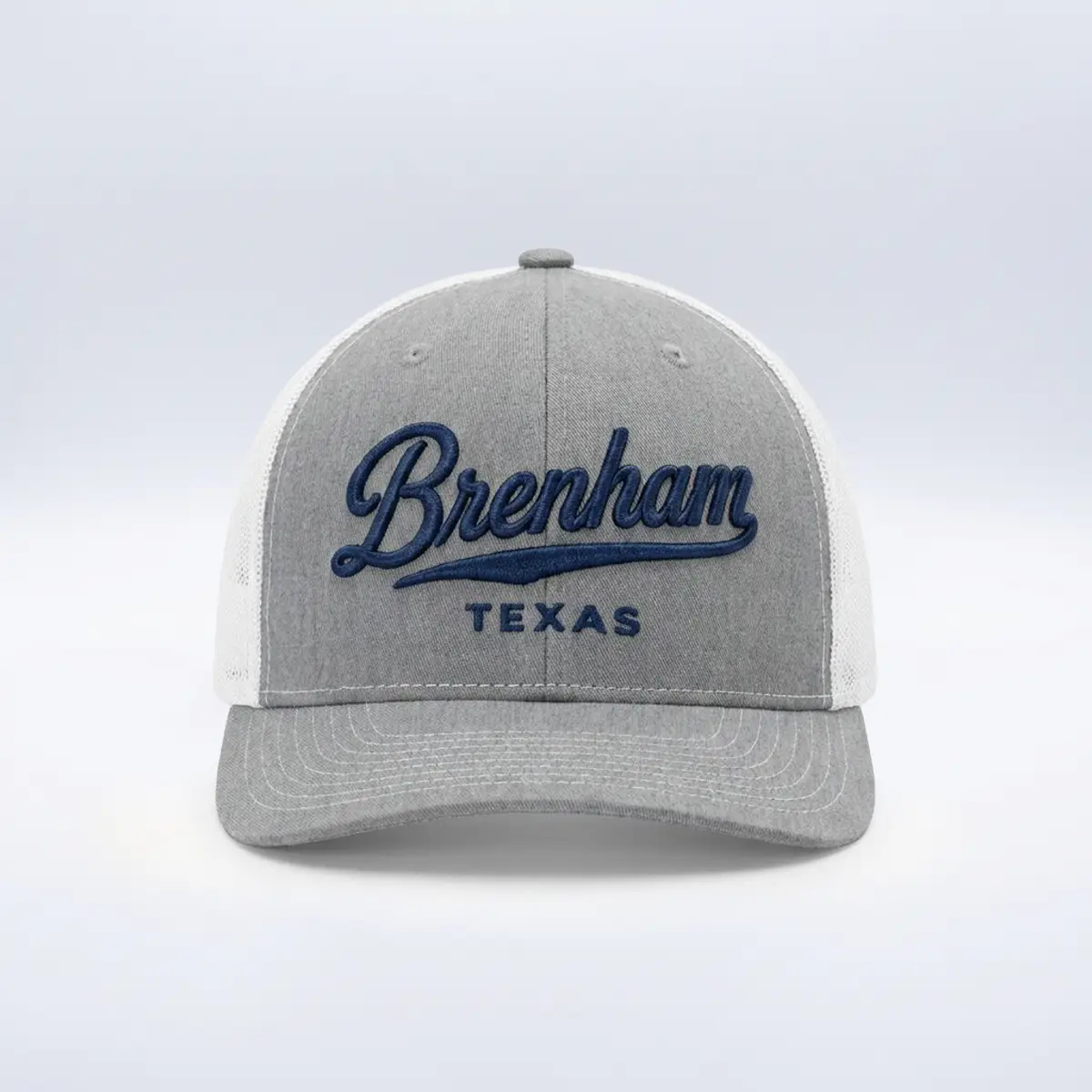 embhat-r112-hthrgrey-blue-front Richardson 112 Brenham Script Embroidered Hat - Image 1